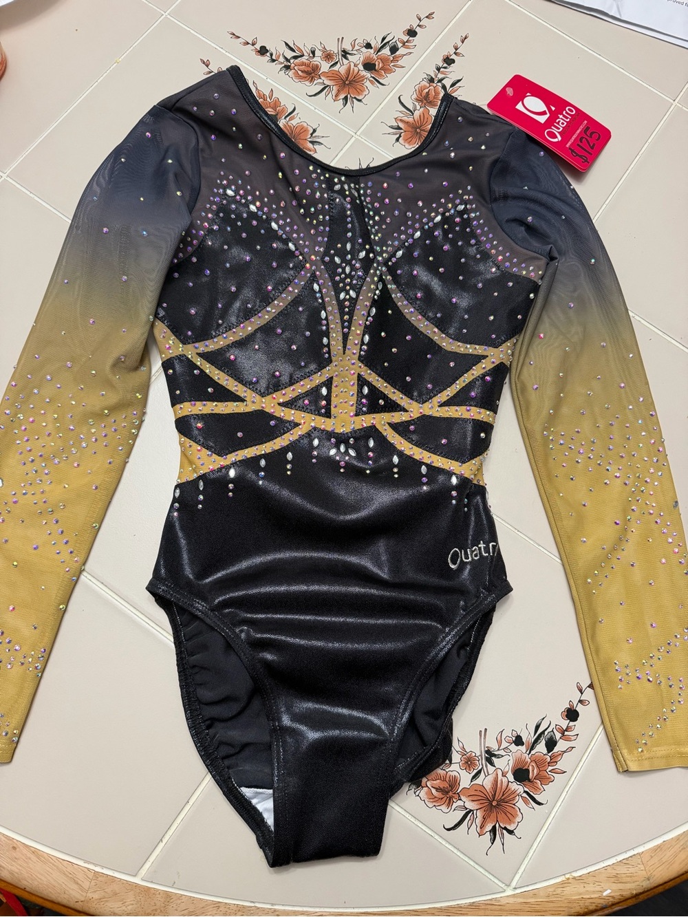 Girls' Black and Gold Long-Sleeve Dance Leotard